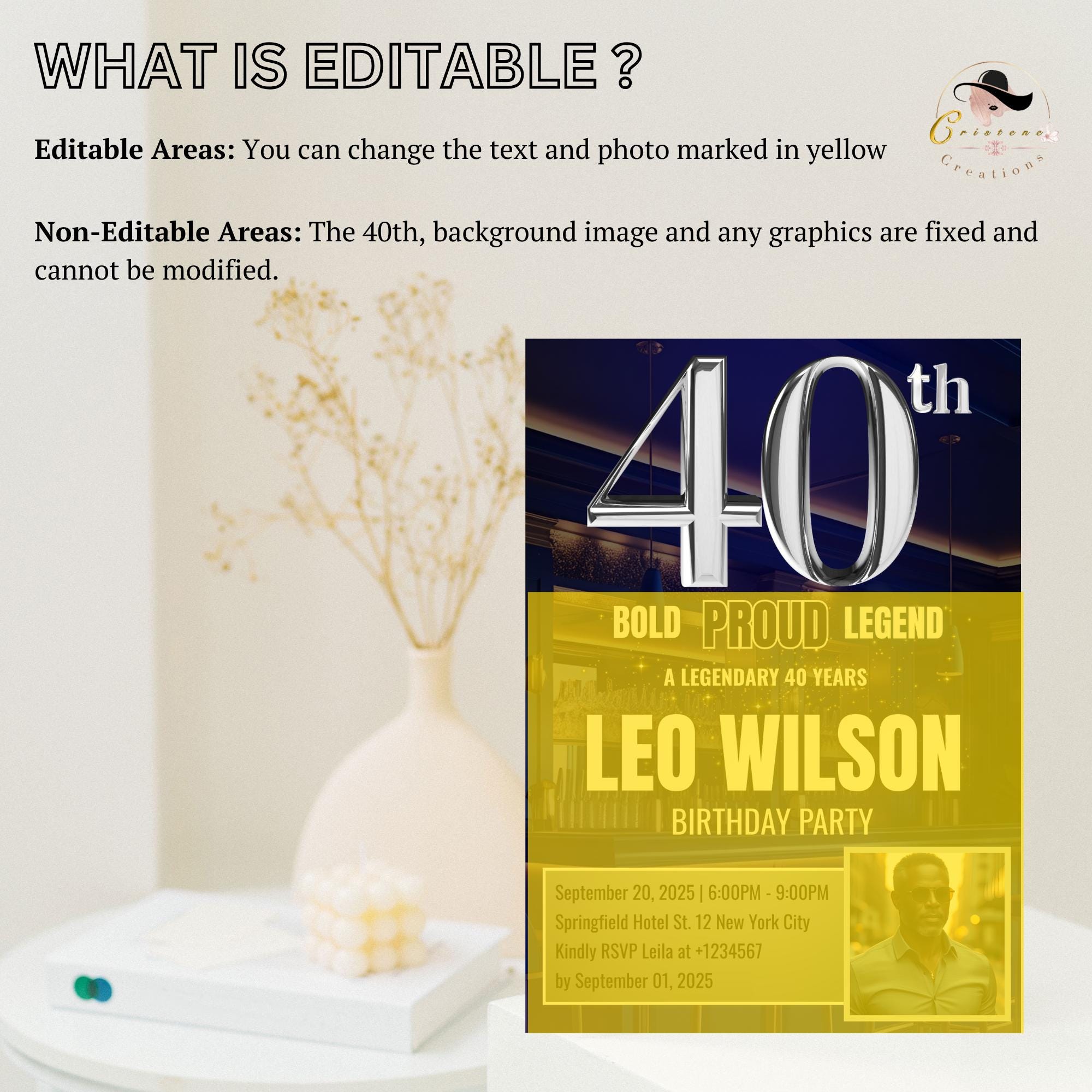 Editable 40th Birthday Invitation Men with photo, Blue Silver 40th Birthday Surprise Party invite Digital Forty Birthday Dinner Template