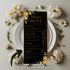 Editable Dinner Menu Template Black Gold Birthday Party Menu cards Printable Elegant Floral Brunch Menu, Retirement Menu with gold border