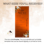 Editable Party Menu Template Floral Birthday Dinner Menu Card Printable, Elegant Brunch Menu with border, Orange Retirement Party Table Menu