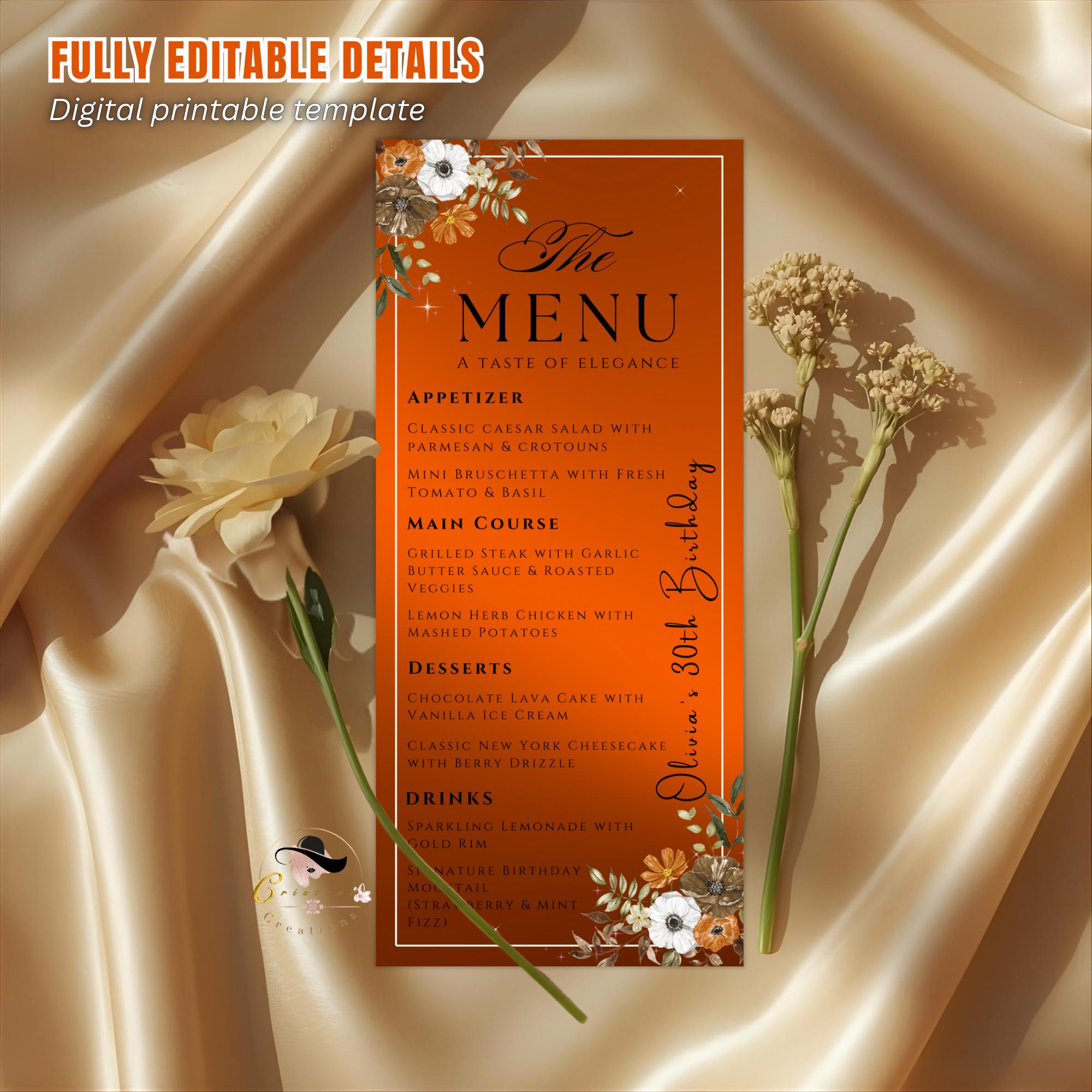 Editable Party Menu Template Floral Birthday Dinner Menu Card Printable, Elegant Brunch Menu with border, Orange Retirement Party Table Menu