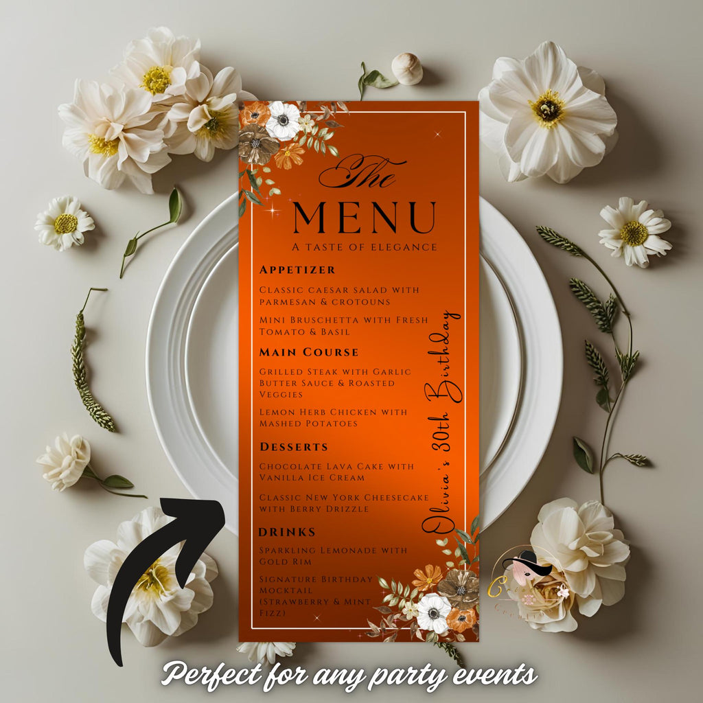 Editable Party Menu Template Floral Birthday Dinner Menu Card Printable, Elegant Brunch Menu with border, Orange Retirement Party Table Menu