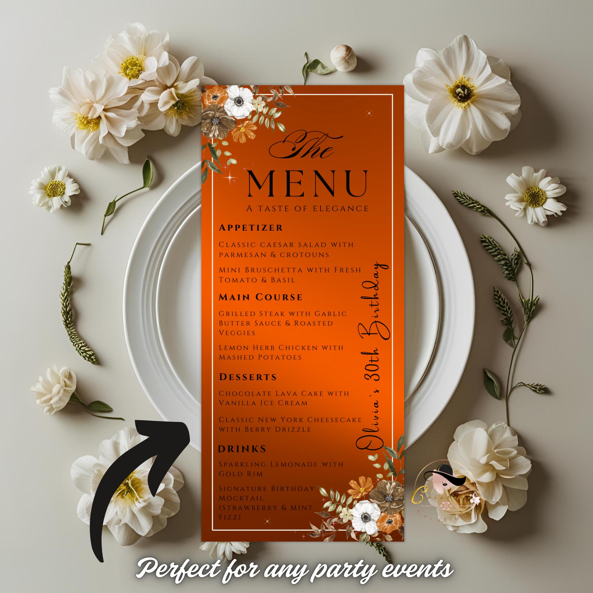 Editable Party Menu Template Floral Birthday Dinner Menu Card Printable, Elegant Brunch Menu with border, Orange Retirement Party Table Menu