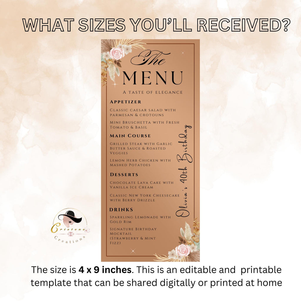 Boho Floral Menu Template, Elegant Dinner Party (Printable, Editable)