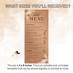 Boho Floral Menu Template, Elegant Dinner Party (Printable, Editable)