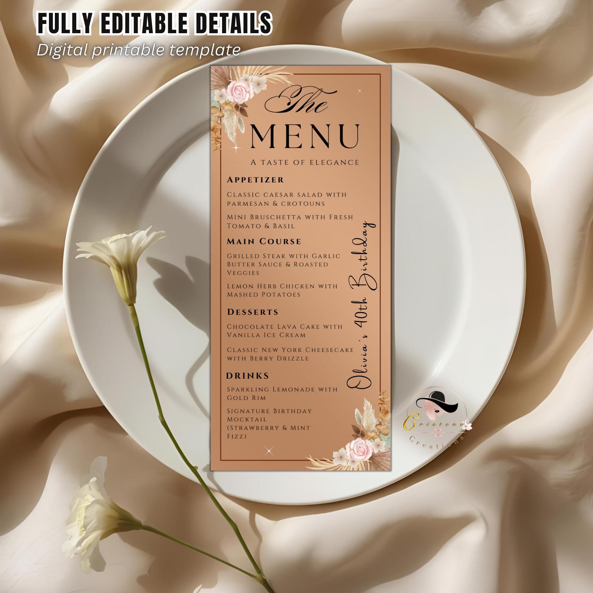 Boho Floral Menu Template, Elegant Dinner Party (Printable, Editable)