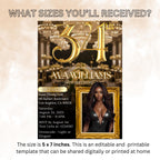 34th Birthday Invitation, Black and Gold Glam Design (Digital Template)