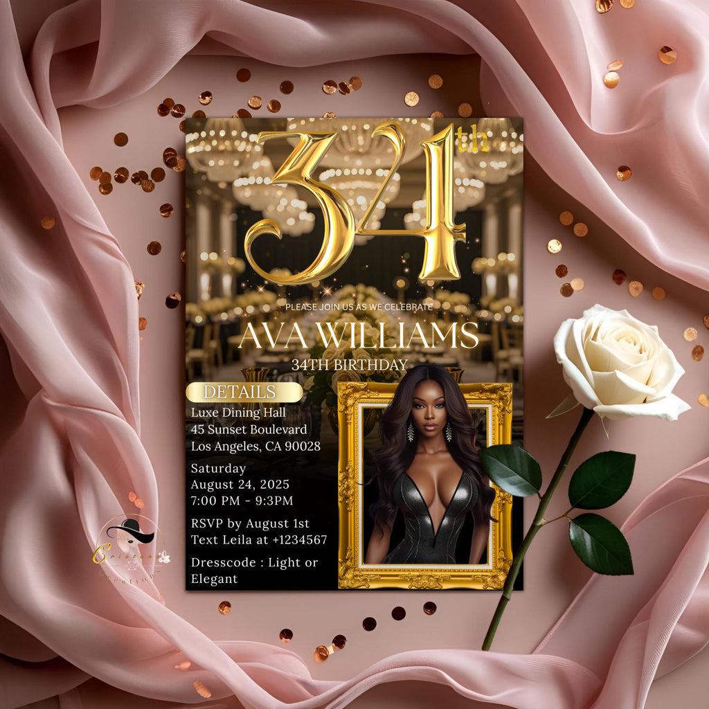 34th Birthday Invitation, Black and Gold Glam Design (Digital Template)