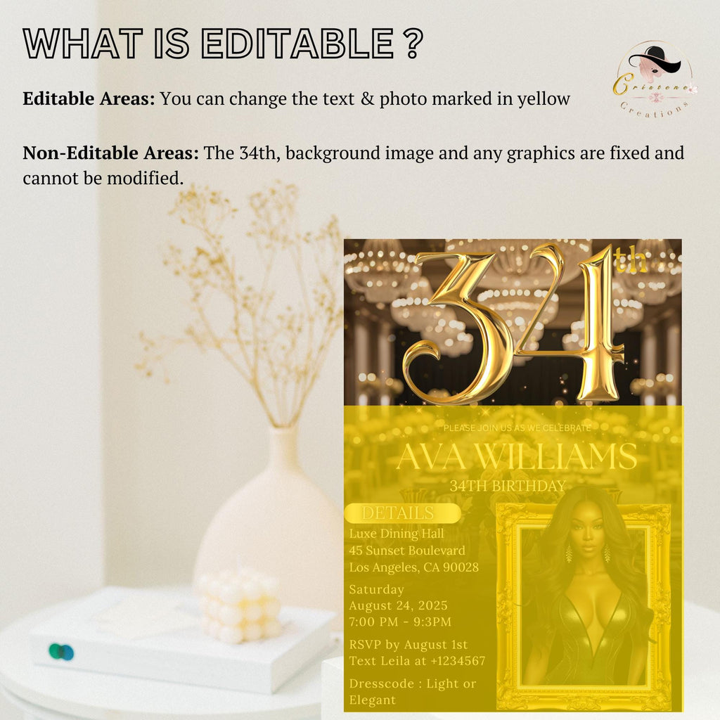 34th Birthday Invitation, Black and Gold Glam Design (Digital Template)