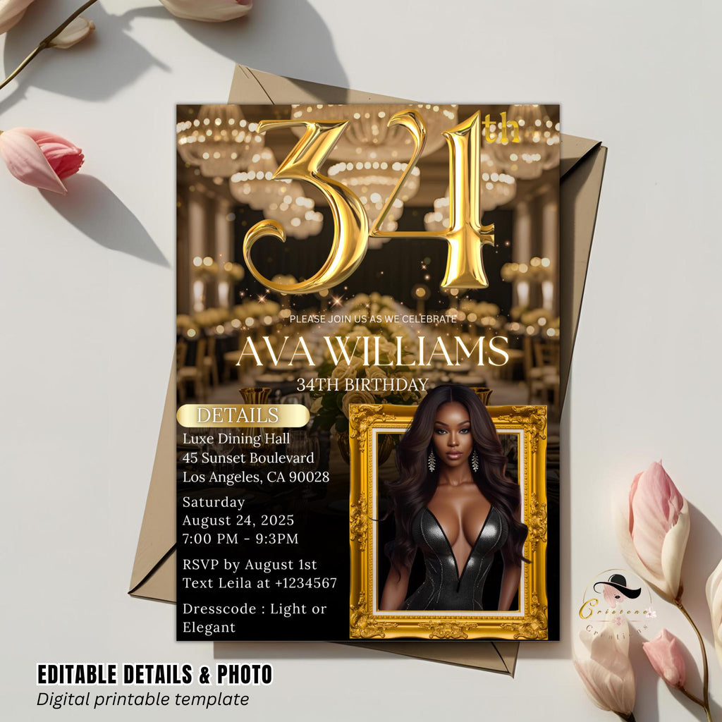34th Birthday Invitation, Black and Gold Glam Design (Digital Template)