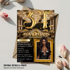 34th Birthday Invitation, Black and Gold Glam Design (Digital Template)