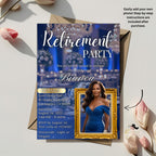 Digital Retirement Party Invitation with photo Blue Gold Surprise Retirement Dinner invite Retired Woman Farewell Party Printable Template