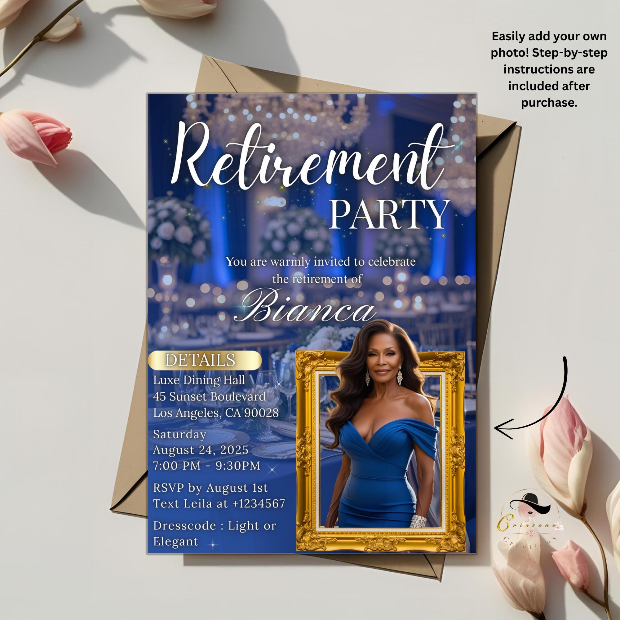Digital Retirement Party Invitation with photo Blue Gold Surprise Retirement Dinner invite Retired Woman Farewell Party Printable Template