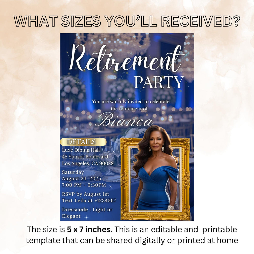 Digital Retirement Party Invitation with photo Blue Gold Surprise Retirement Dinner invite Retired Woman Farewell Party Printable Template