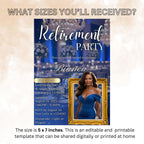Digital Retirement Party Invitation with photo Blue Gold Surprise Retirement Dinner invite Retired Woman Farewell Party Printable Template