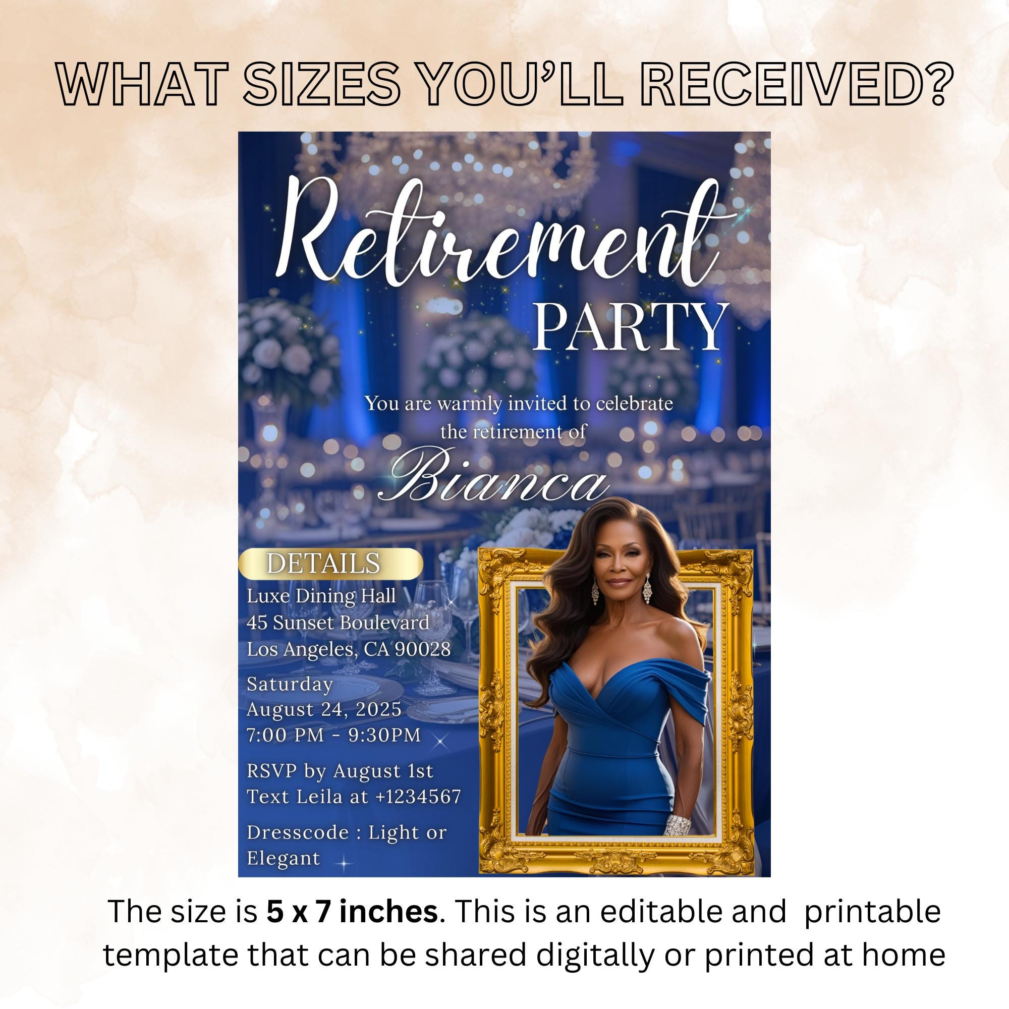 Digital Retirement Party Invitation with photo Blue Gold Surprise Retirement Dinner invite Retired Woman Farewell Party Printable Template