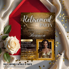 Editable Retirement Party Invitation Black Gold Retirement Dinner with photo invite Retired woman Surprise Farewell Party Digital Template