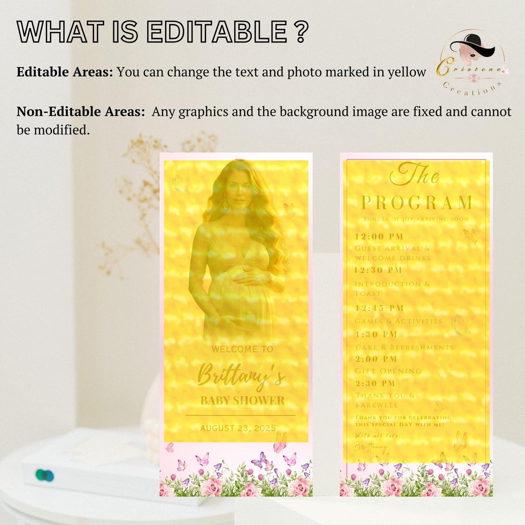 Editable Baby Shower Program Template Floral Garden Tea Baby Shower Itinerary Card Printable Butterfly Party Theme Order of event with photo