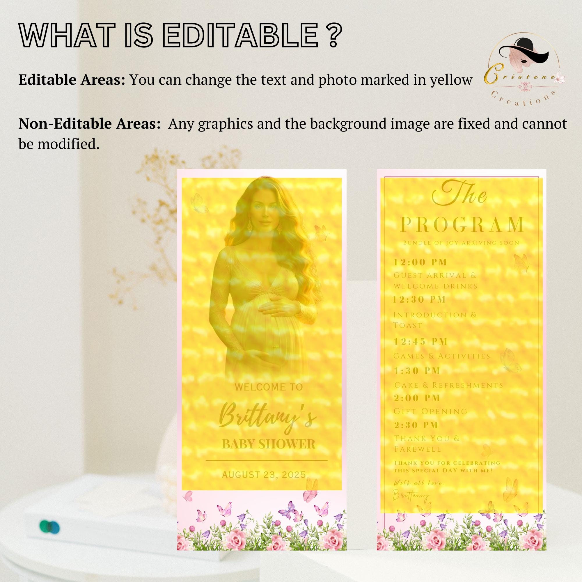Editable Baby Shower Program Template Floral Garden Tea Baby Shower Itinerary Card Printable Butterfly Party Theme Order of event with photo