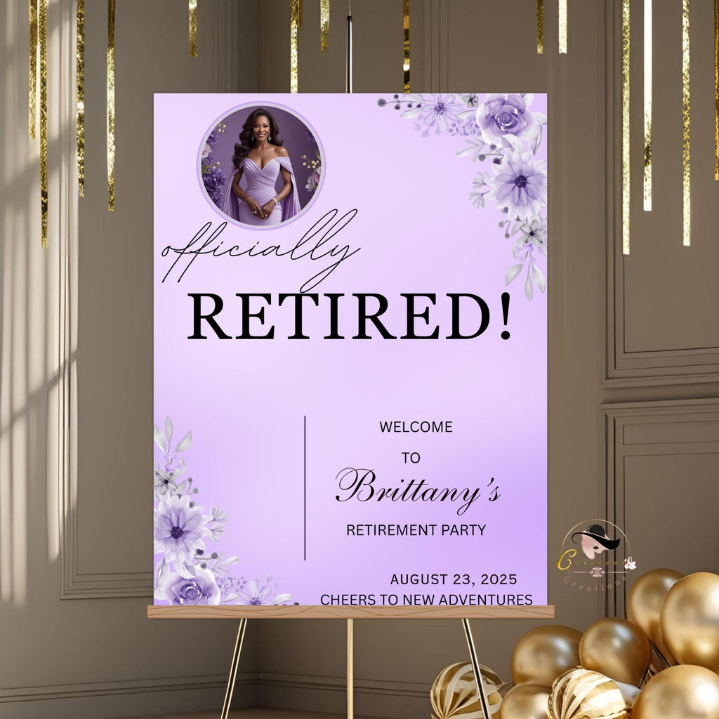 Retirement Party Welcome Sign Purple Floral Retirement Poster sign board Printable sign with photo, Wildflower Garden Farewell Sign Template