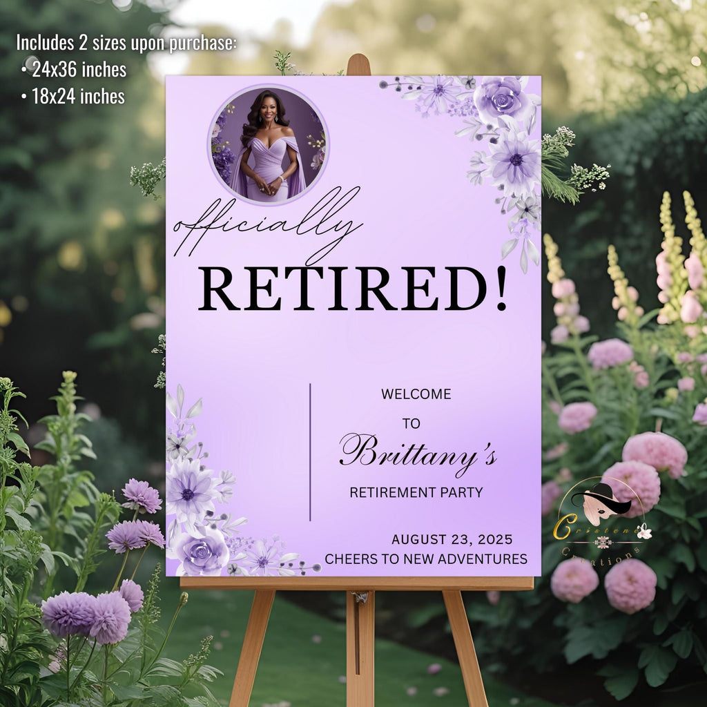 Retirement Party Welcome Sign Purple Floral Retirement Poster sign board Printable sign with photo, Wildflower Garden Farewell Sign Template