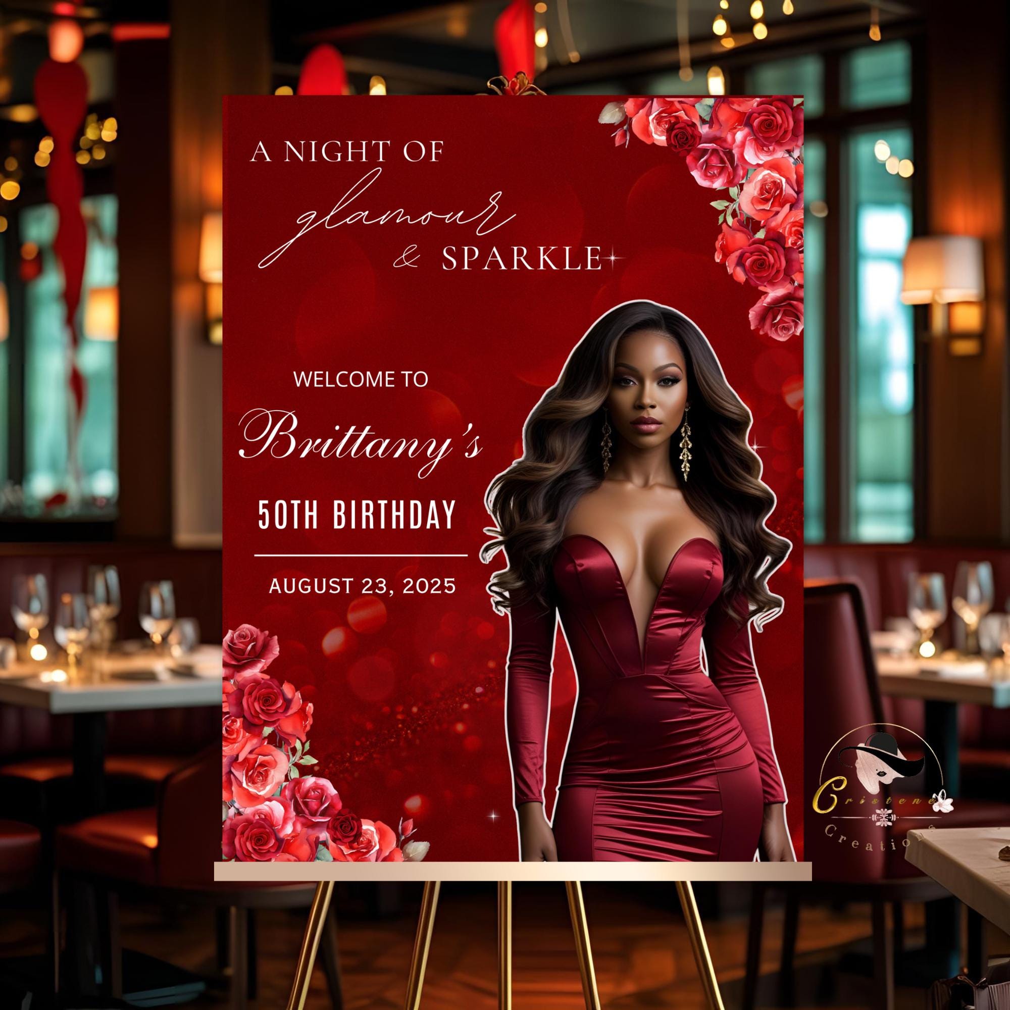 Editable Birthday Welcome Sign Red Rose Floral Party Sign with photo Elegant Birthday Dinner Sign Woman Brunch Sign Board Printable Template