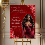 Editable Birthday Welcome Sign Red Rose Floral Party Sign with photo Elegant Birthday Dinner Sign Woman Brunch Sign Board Printable Template