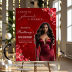 Editable Birthday Welcome Sign Red Rose Floral Party Sign with photo Elegant Birthday Dinner Sign Woman Brunch Sign Board Printable Template