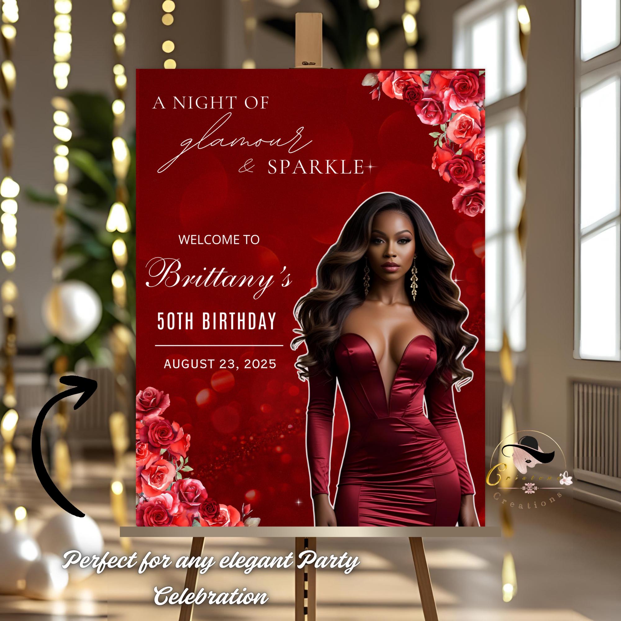 Editable Birthday Welcome Sign Red Rose Floral Party Sign with photo Elegant Birthday Dinner Sign Woman Brunch Sign Board Printable Template