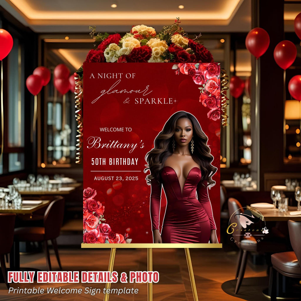 Editable Birthday Welcome Sign Red Rose Floral Party Sign with photo Elegant Birthday Dinner Sign Woman Brunch Sign Board Printable Template