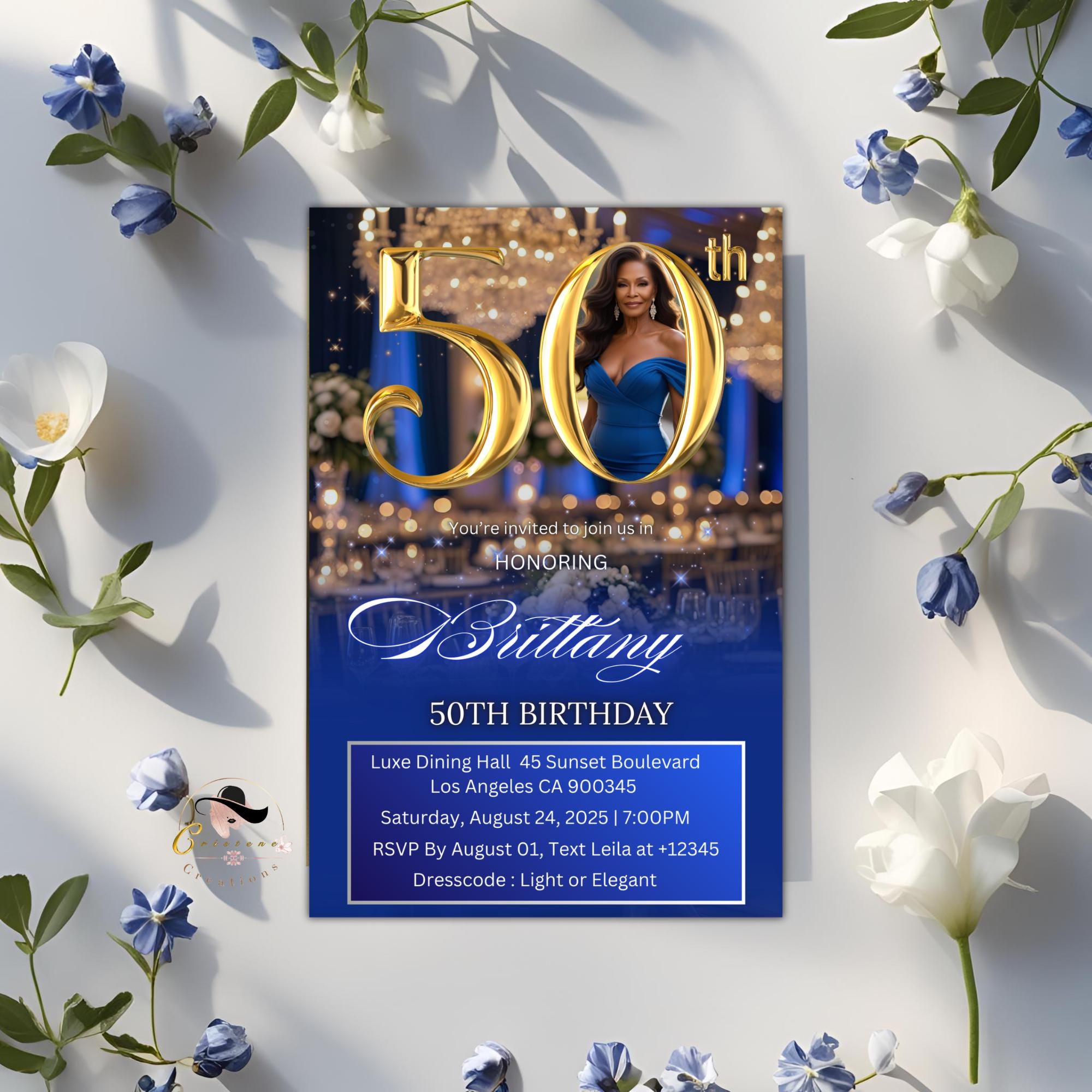 Digital 50th Birthday Invitation, Blue Golden Luxury 50th Birthday Dinner invite with photo Glam Birthday party woman card Printable Template