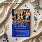 Digital 50th Birthday Invitation, Blue Golden Luxury 50th Birthday Dinner invite with photo Glam Birthday party woman card Printable Template