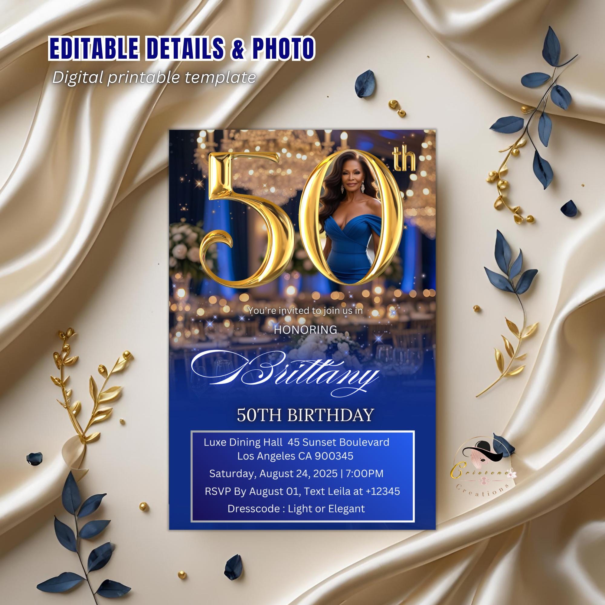 Digital 50th Birthday Invitation, Blue Golden Luxury 50th Birthday Dinner invite with photo Glam Birthday party woman card Printable Template
