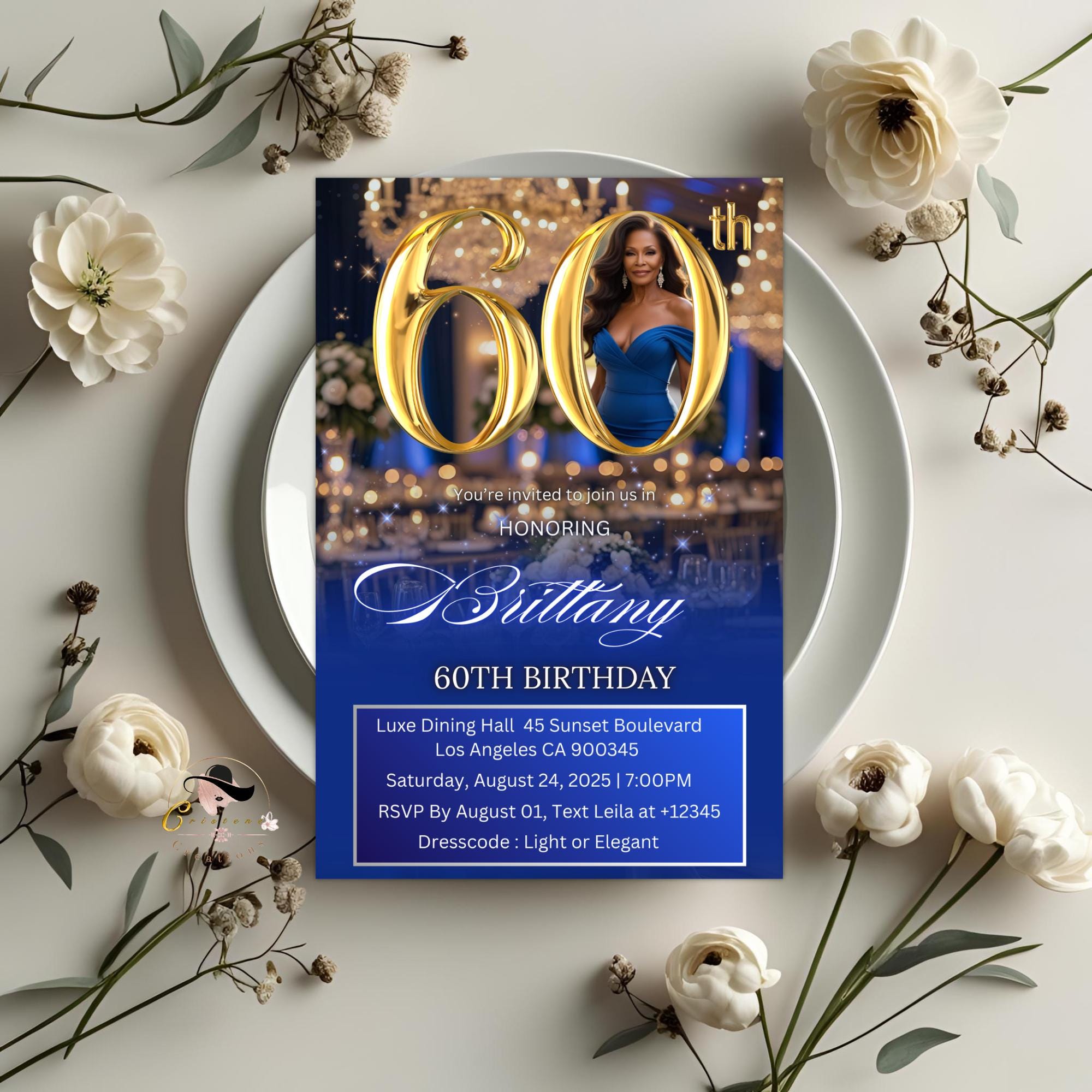 Digital 60th Birthday invitation Blue Gold Luxury 60th Birthday Dinner Invite with photo Sixtieth Birthday Party Card Printable Template