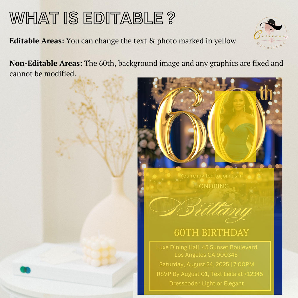 Digital 60th Birthday invitation Blue Gold Luxury 60th Birthday Dinner Invite with photo Sixtieth Birthday Party Card Printable Template