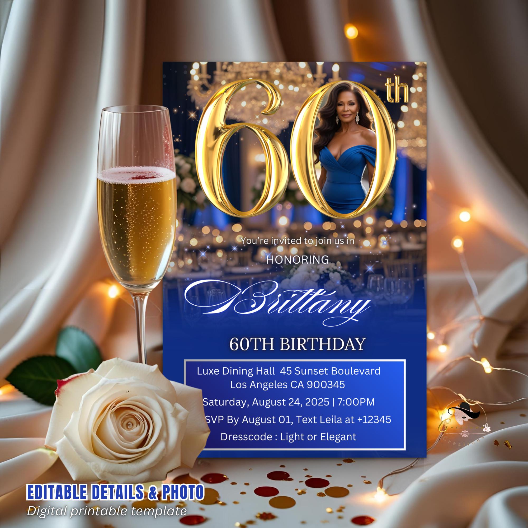 Digital 60th Birthday invitation Blue Gold Luxury 60th Birthday Dinner Invite with photo Sixtieth Birthday Party Card Printable Template