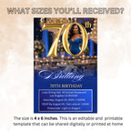 Editable 70th Birthday Invitation Blue Gold Digital 70th Birthday Dinner invite with photo Luxury 70 and Fabulous card Printable Template
