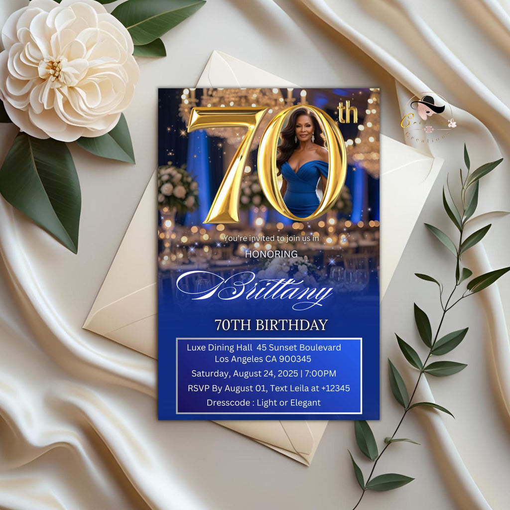 Editable 70th Birthday Invitation Blue Gold Digital 70th Birthday Dinner invite with photo Luxury 70 and Fabulous card Printable Template