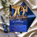 Editable 70th Birthday Invitation Blue Gold Digital 70th Birthday Dinner invite with photo Luxury 70 and Fabulous card Printable Template