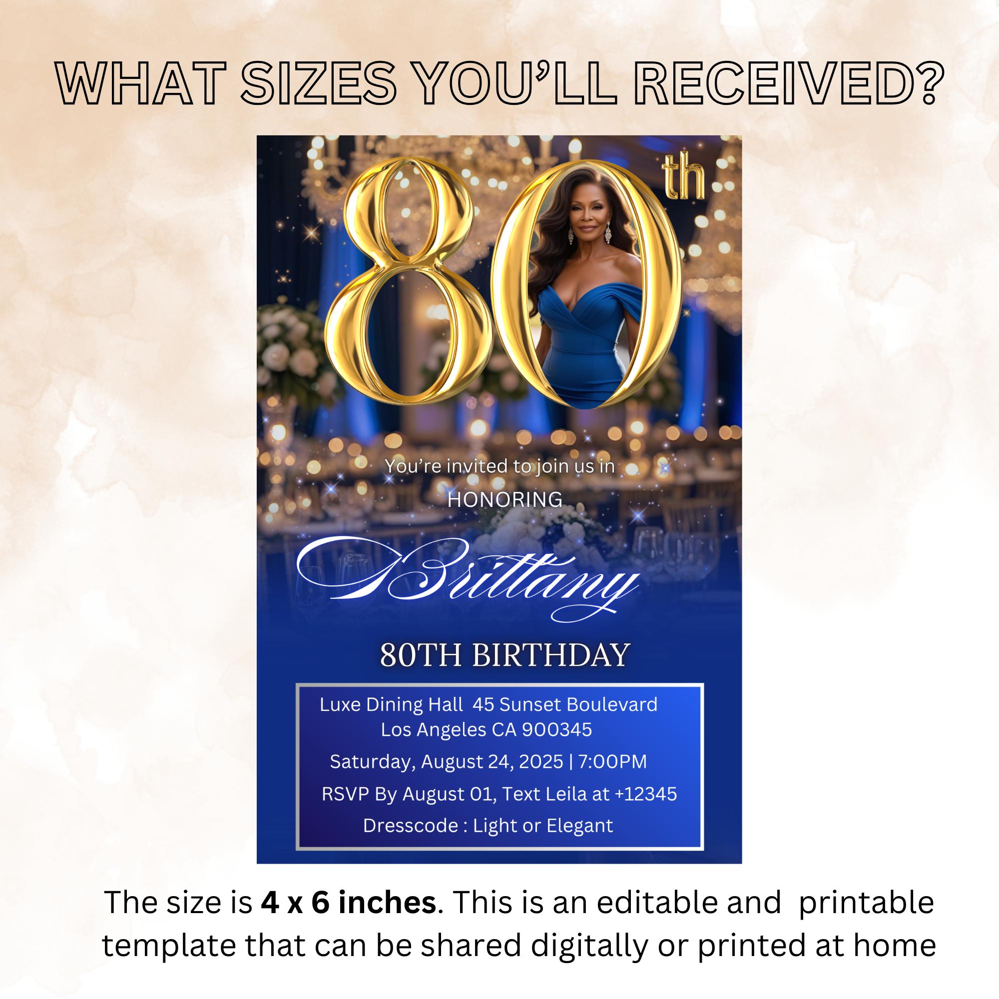 Digital 80th Birthday invitation Blue Gold 80th Luxury Birthday Dinner invite with photo Eightieth Birthday party card Editable Template