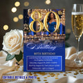 Digital 80th Birthday invitation Blue Gold 80th Luxury Birthday Dinner invite with photo Eightieth Birthday party card Editable Template