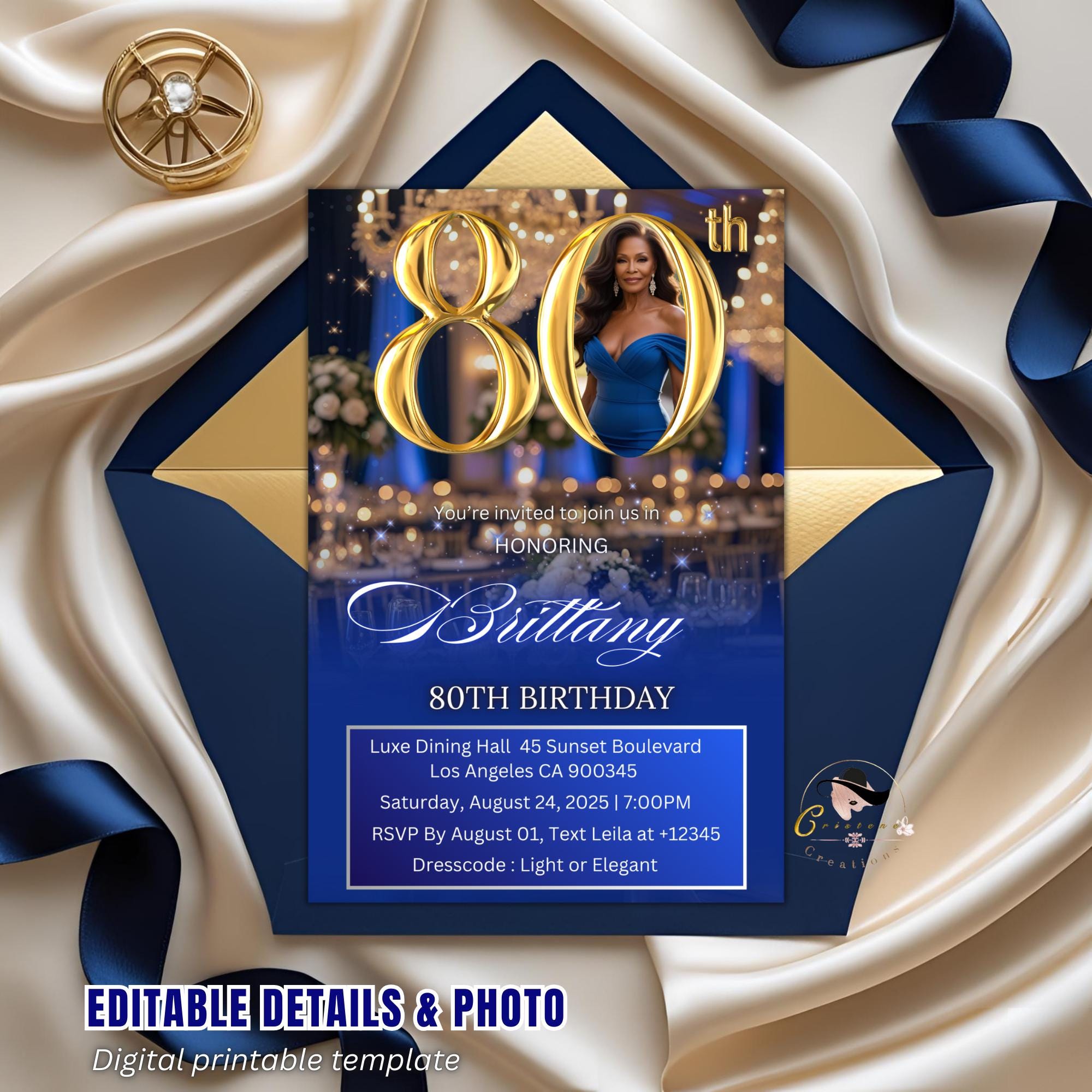 Digital 80th Birthday invitation Blue Gold 80th Luxury Birthday Dinner invite with photo Eightieth Birthday party card Editable Template