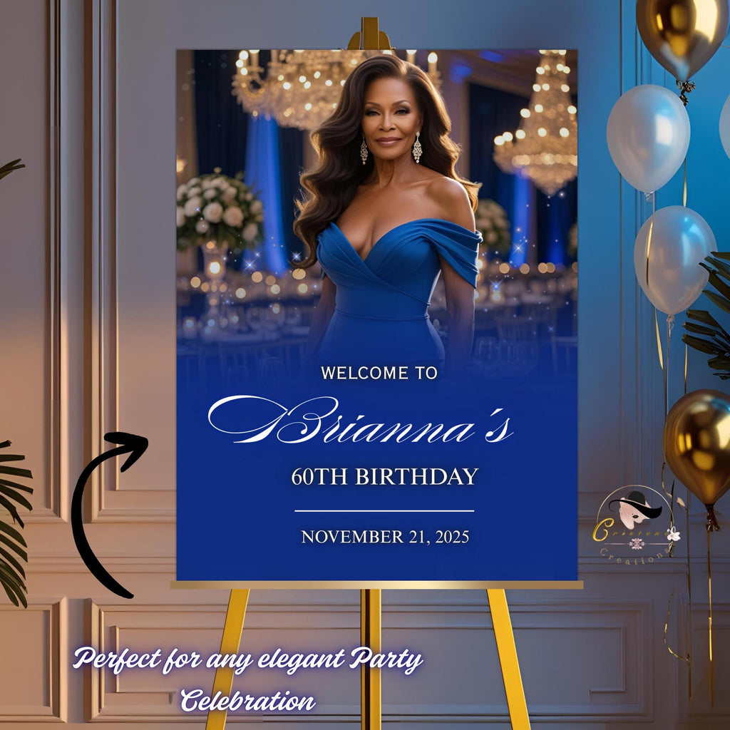 Editable Birthday Party Welcome Sign Blue Gold Birthday Dinner Sign with photo Elegant Retirement Party Poster Sign Board Printable Template