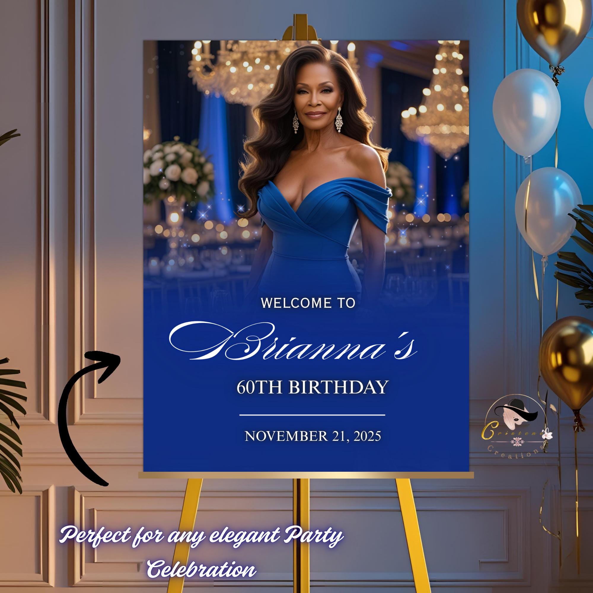 Editable Birthday Party Welcome Sign Blue Gold Birthday Dinner Sign with photo Elegant Retirement Party Poster Sign Board Printable Template