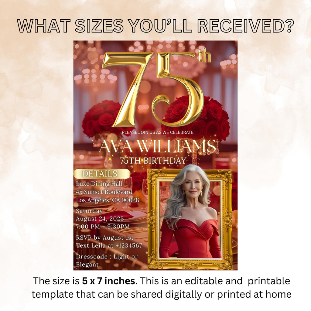 Digital 75th Birthday Invitation with photo Red Gold 75th Birthday Dinner Invite Woman Glam Luxury Floral Brunch Party Printable Template