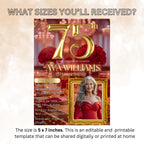 Digital 75th Birthday Invitation with photo Red Gold 75th Birthday Dinner Invite Woman Glam Luxury Floral Brunch Party Printable Template