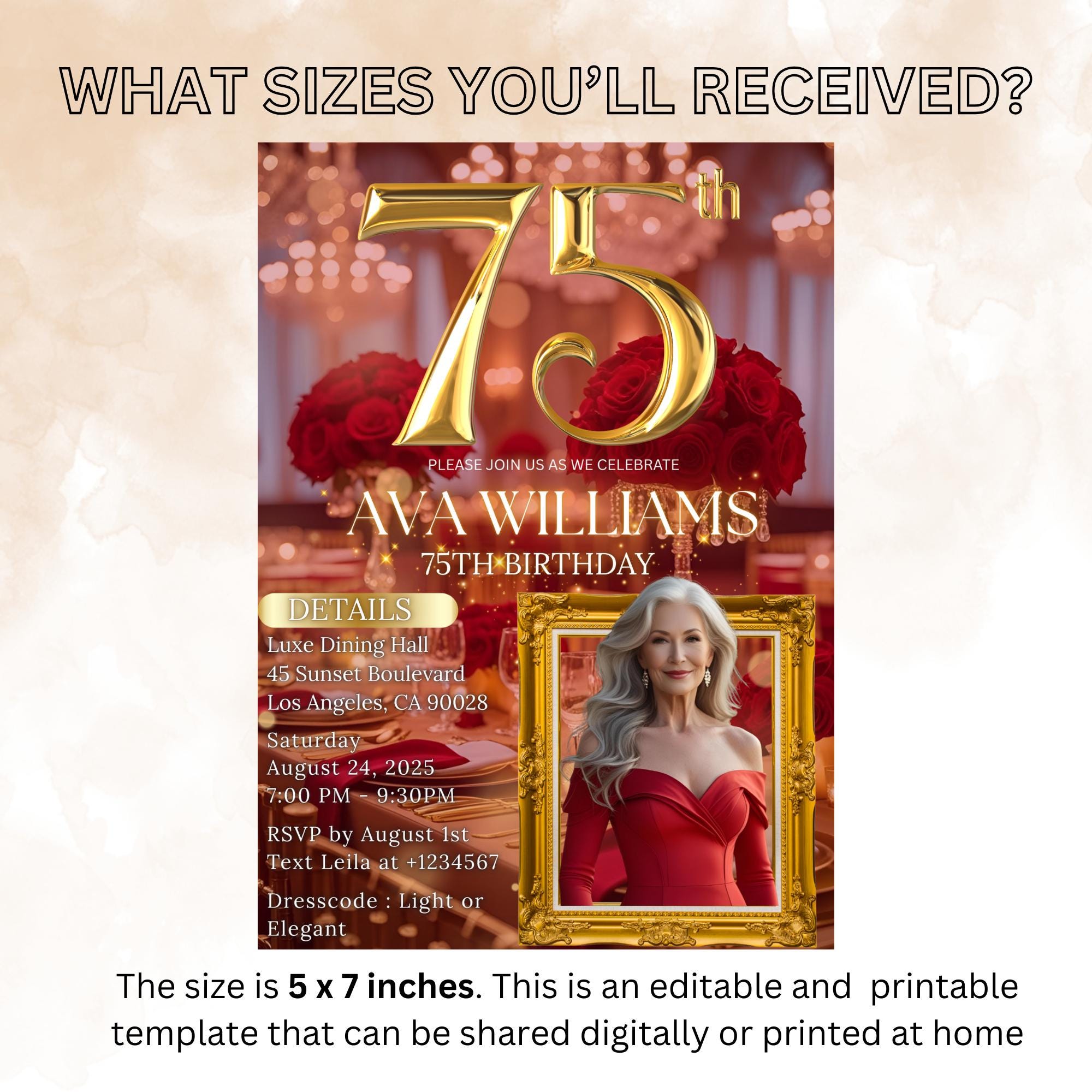 Digital 75th Birthday Invitation with photo Red Gold 75th Birthday Dinner Invite Woman Glam Luxury Floral Brunch Party Printable Template