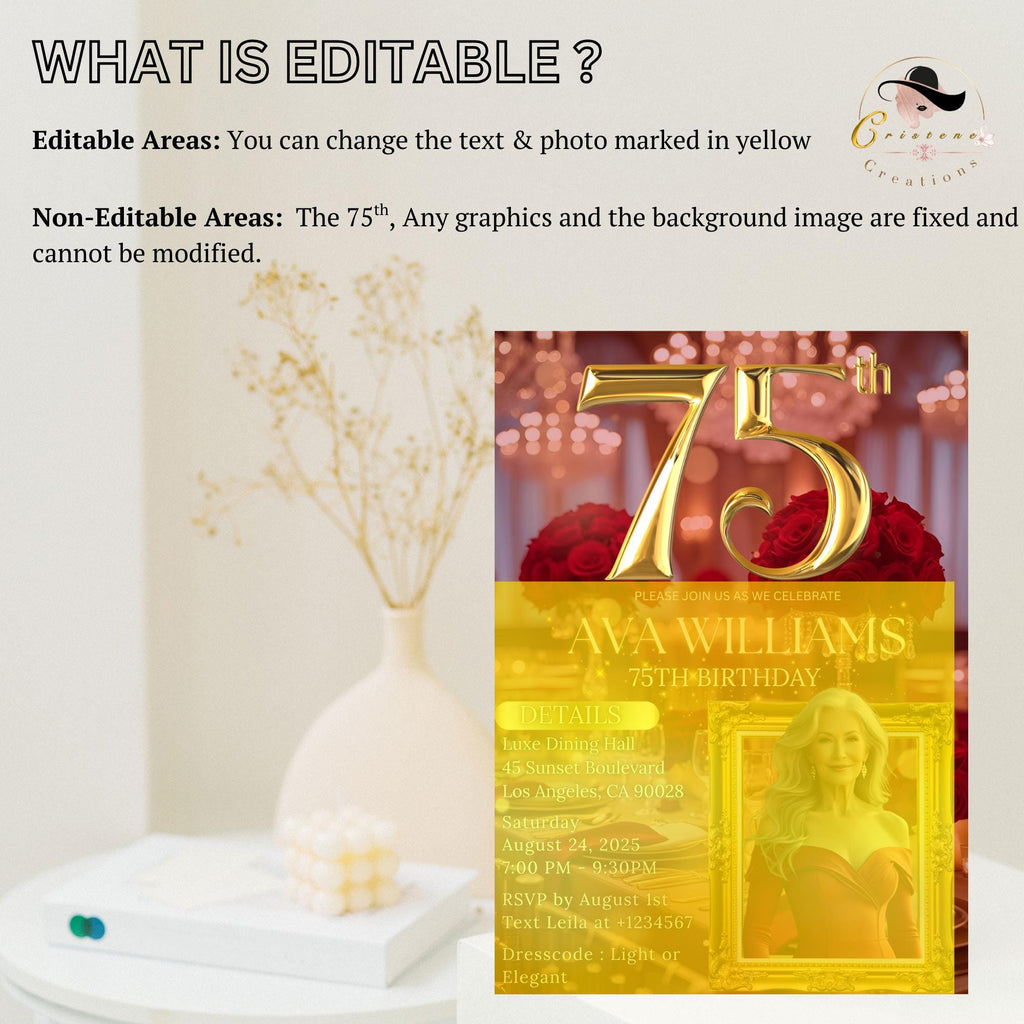 Digital 75th Birthday Invitation with photo Red Gold 75th Birthday Dinner Invite Woman Glam Luxury Floral Brunch Party Printable Template