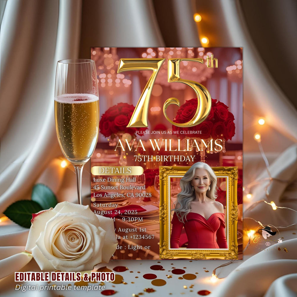 Digital 75th Birthday Invitation with photo Red Gold 75th Birthday Dinner Invite Woman Glam Luxury Floral Brunch Party Printable Template