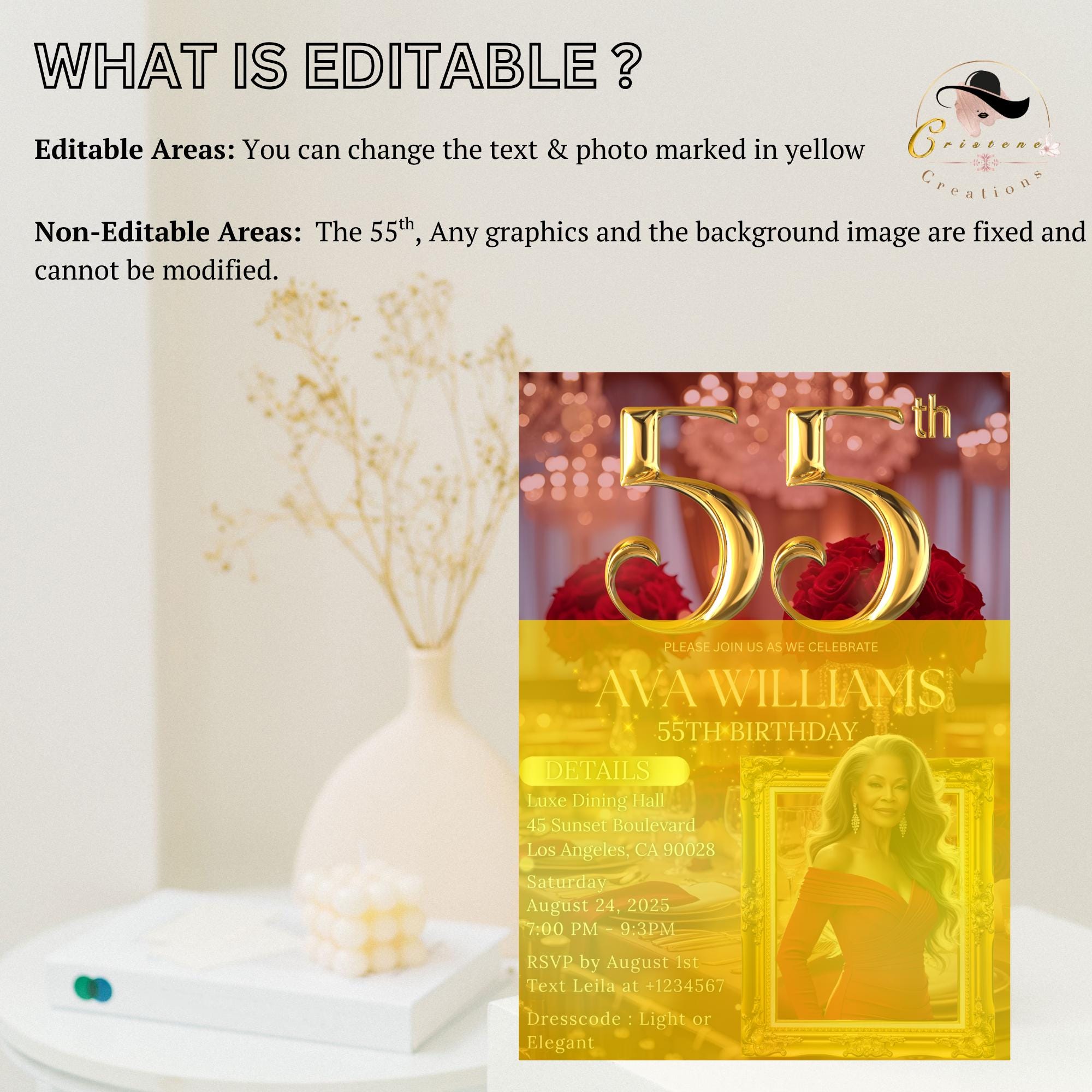 Digital 55th Birthday Invitation with photo Red Gold 55th Birthday Dinner Invite Woman Glam Luxury Floral Brunch Party Printable Template