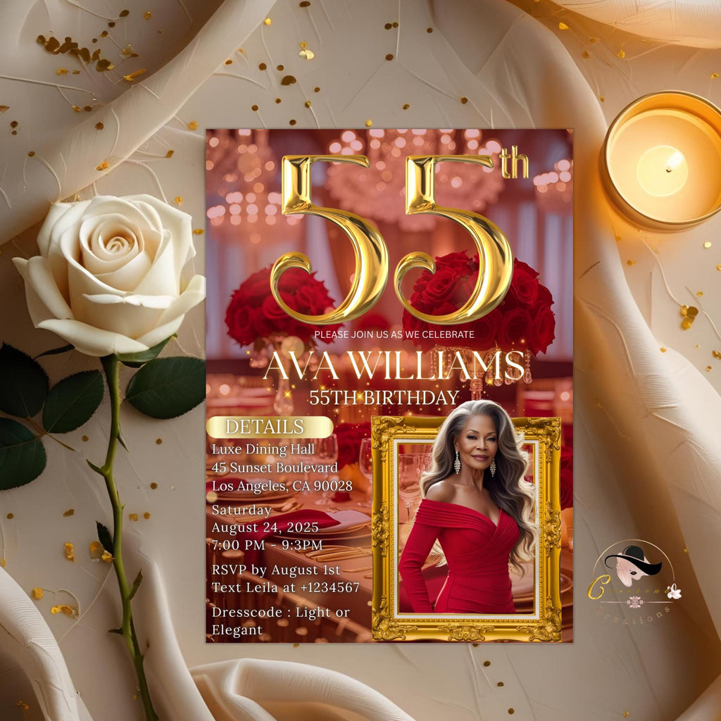 Digital 55th Birthday Invitation with photo Red Gold 55th Birthday Dinner Invite Woman Glam Luxury Floral Brunch Party Printable Template